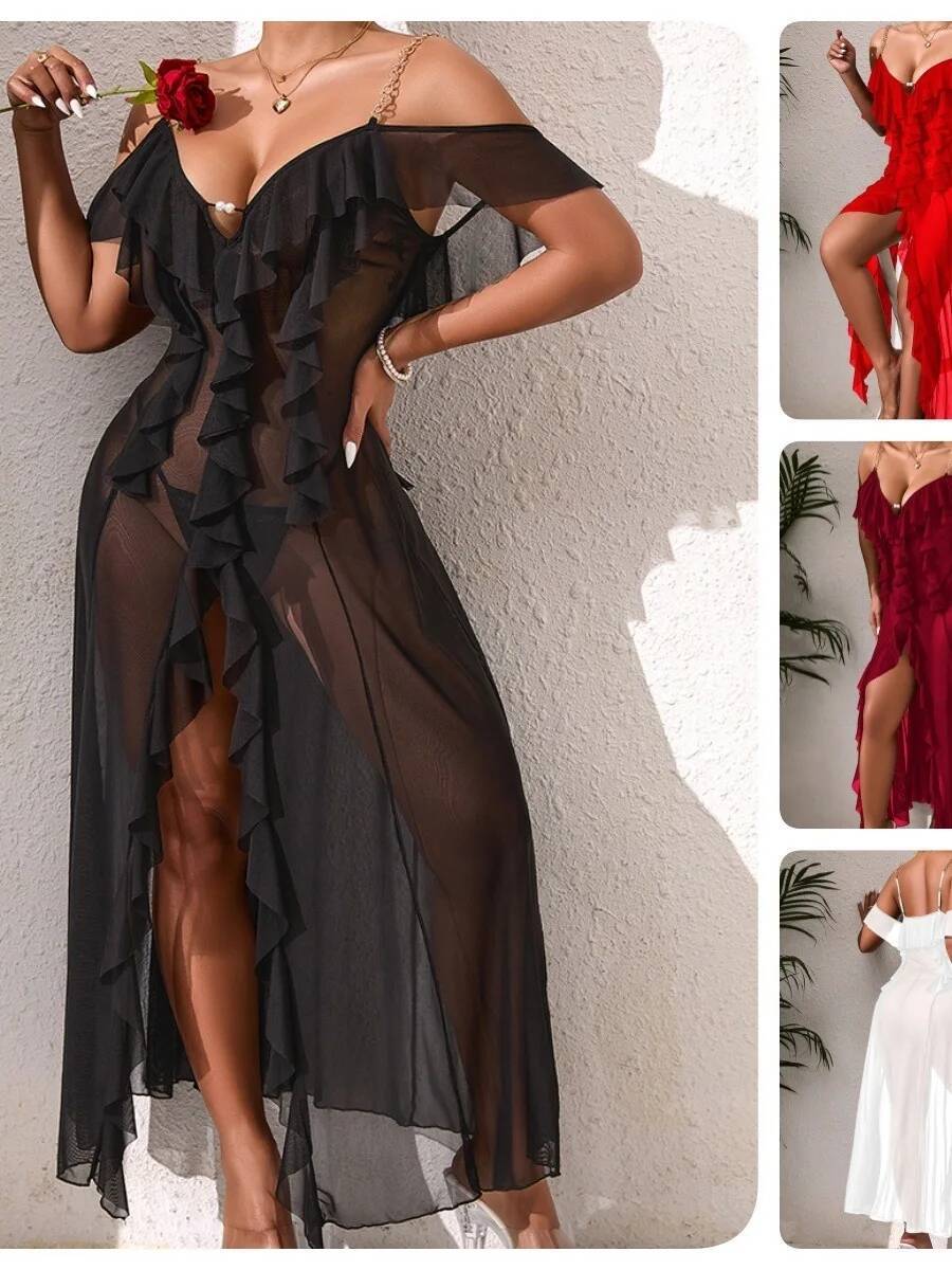 Solid Color Mesh Nightdress Wi - Mesh Strap Metal incelemesi ve fiyatı
